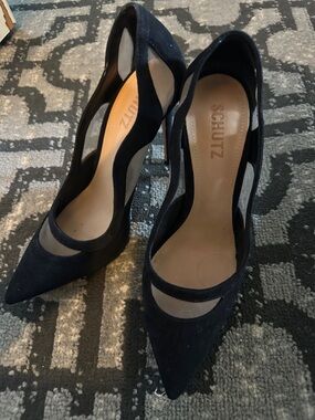 SCHUTZ Black Suede Mesh Pointed Pumps
